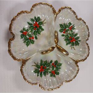 Vintage Ucago Divided Dish Bowl Holly Berries Gold Trimmed Iridescent